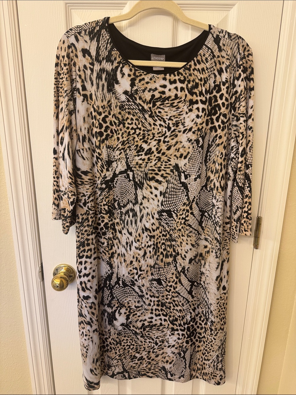 CHICOS Animal Print Shift Dress - Beige Black